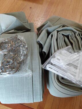 Two Sage Green Panels Drapes Pinch Pleated Memory Trained Linen Curtains